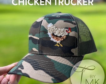 Embroidered Chicken Trucker Hat: Fluffy Fringe Design