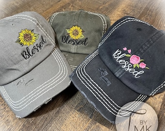 Embroidered Flower Hat: Blessed Sunflower or Roses