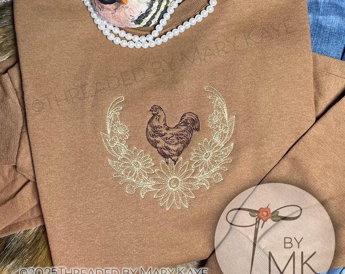 Embroidered Chicken Floral Sweatshirt Chicken Gift