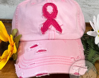 Pink Ribbon Distressed Hat Breast Cancer Hat Cancer Awareness Ribbon Hat