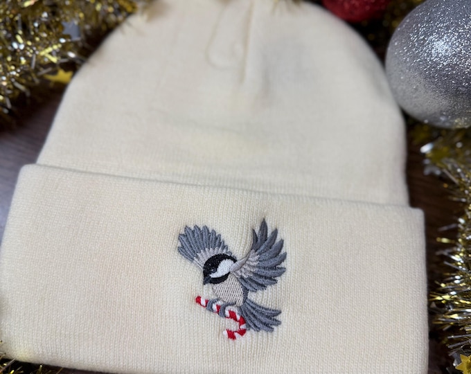 Holiday Chickadee Bird Beanie Winter Knit Hat Christmas Gift