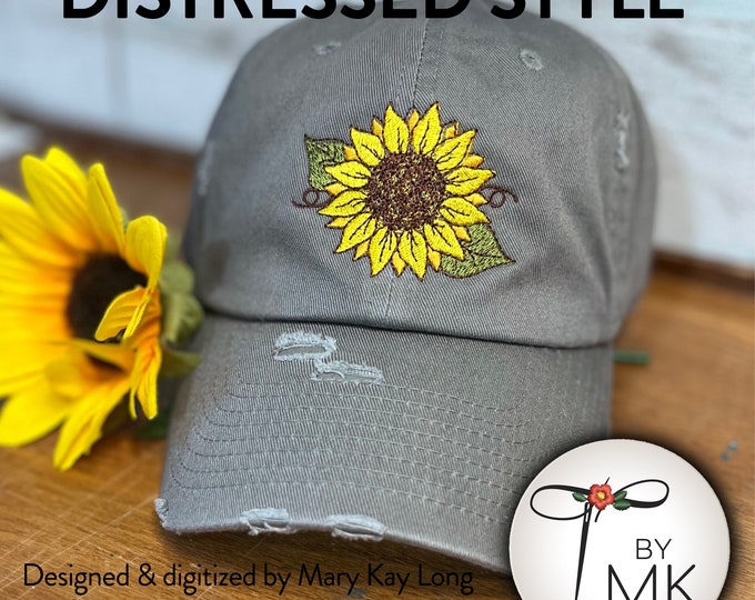Embroidered Sunflower Distressed Hat: Cotton Twill