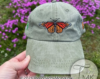 Embroidered Monarch Butterfly Lifecycle Hat with caterpillar and chrysalis