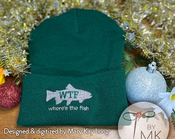 Embroidered Fishing Beanie: "Where's the Fish" Acrylic Winter Hat