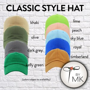 Op de afbeelding: Een set van tien klassieke baseballpetten in verschillende kleuren, waaronder kaki, limoen, perzik, olijf, hemelsblauw, koninklijkblauw, donkergrijs, timberland en kellygroen. De tekst "CLASSIC STYLE HAT" staat bovenaan de afbeelding. De tekst "BY MK" staat onderaan de afbeelding.