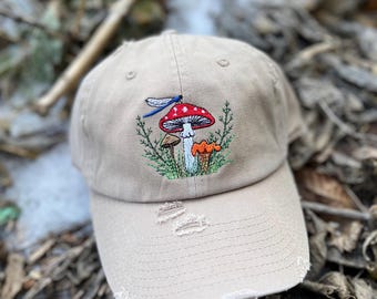 Embroidered Mushroom Hat: Distressed Fungi Baseball Cap