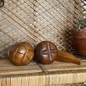Set of 3 Vintage Wooden Fruits Solid Monkey Pod Wood Fruit Decor Bowl Filler MCM Decor