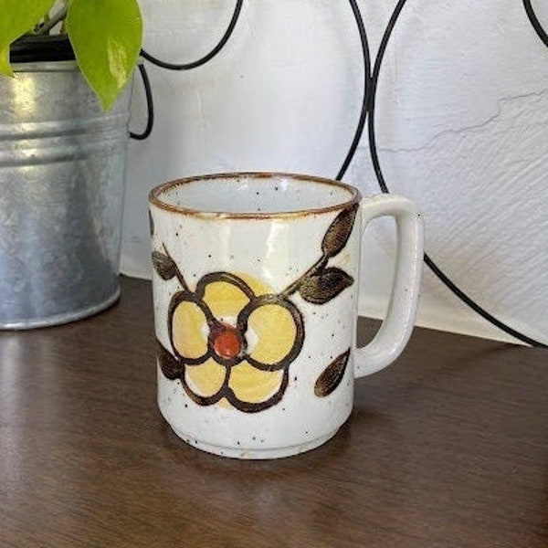 Hand Painted Floral Coffee Cup Ceramic Pottery Mug 70s