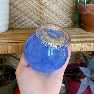 Vintage Mundgeblasenes Glas Blau & Gold Kerzenhalter