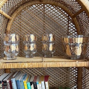 Vintage RARE Set of 6 Culver Florentine Fruits Whiskey Glasses & Ice Bucket 22k Gold Bar Set