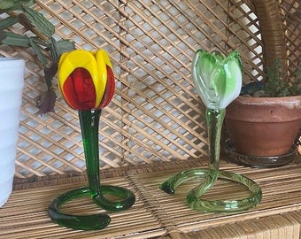 チューリップフラワーガラスキャンドルホルダー、ピンク、オレンジの花