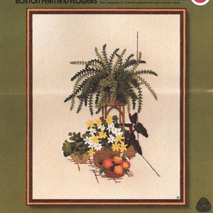 DIGITAL &#39;Boston Ferns & Flowers&#39; Sunset Stitchery Crewel Kit Square Vintage Floral Embroidery Pattern