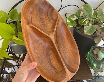 Cuenco de centro de mesa de 3 secciones de madera auténtica de Monkey Pod, estilo vintage, hecho a mano en Filipinas.