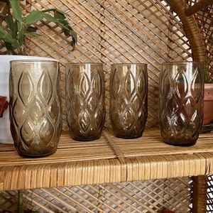 Vintage Set of 4 Smoky Gray Madrid Pattern Diamond Quilt Anchor Hocking Glasses MCM Tumblers