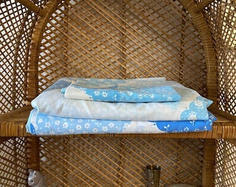 Vintage Double Blue 70s Perma-Prest Fitted Flat Sheets & Pillow Case Set Bed Linens 60s 70s 80s