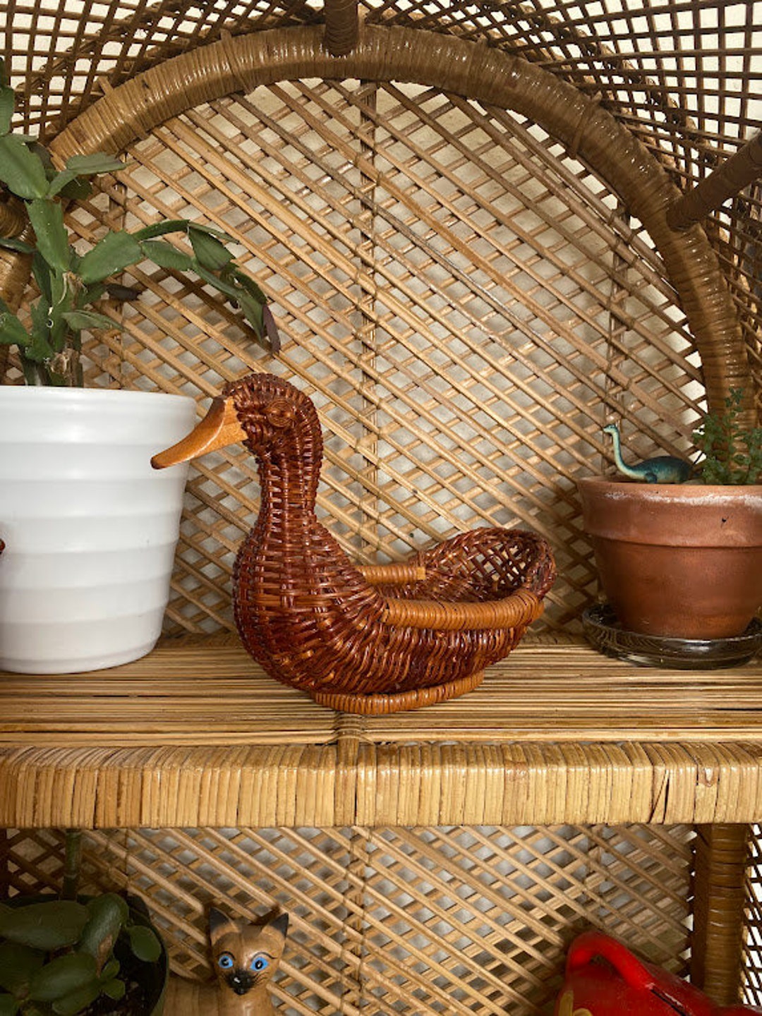 Vintage Wicker Duck Basket Woven Rattan Animal Shaped Basket Etsy