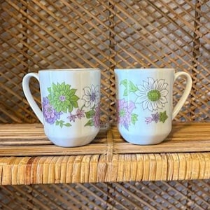 Vintage Pair of Green Purple Floral Coffee Cups 70s Flower Power Ceramic Mugs