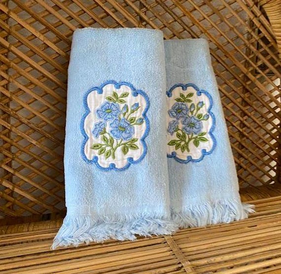 Vintage Pair of Baby Blue Floral Embroidered Martex Hand Towels 60s 70s Towels Etsy