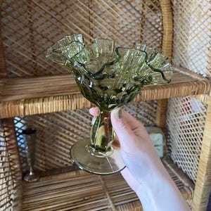 Vintage Fenton Green Ruffled Glass Pedestal Compote Candy Dish