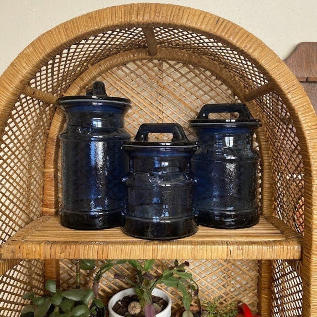 Vintage LE Smith Sapphire Blue Milk Jug Canisters Set of 3 70s MCM