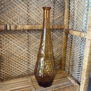 Vintage Empoli Amber Long Neck Fruit Textured Bottle Decanter Glassware MCM