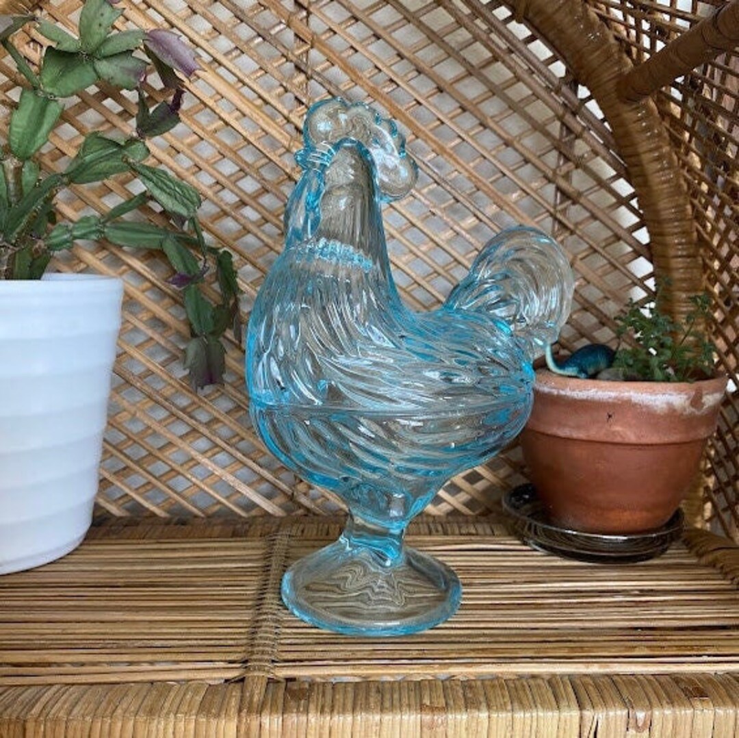 Vintage Light Blue Glass Lidded Chicken Pedestal Dish Glass Hen Rooster ...