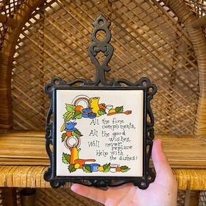 Vintage &#39;Help With The Dishes&#39; Cast Iron and Tile Trivet Hot Plate
