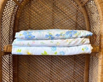Vintage Blue Floral Patterned Fitted Sheets YOUR PICK 60s 70s 80s Bed Linens