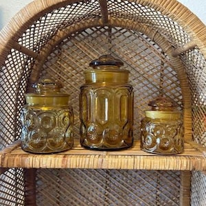 Vintage Trio LE Smith Moon & Stars Amber Glass Canisters 60s 70s MCM Kitchen Storage