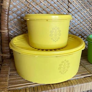 Vintage Pair of Bright Yellow Tupperware Servalier Lidded Snap On Containers