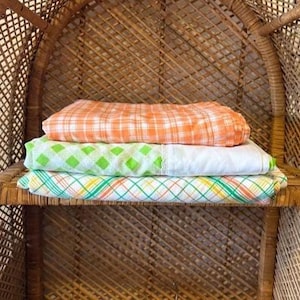 Vintage Striped or Checked Flat Bed Sheet Linens 60s 70s 80s Bed Linens