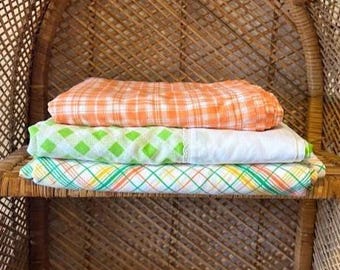 Vintage Striped/Checked Flat Bed Sheet: 60s-80s Muslin Blend