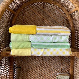 Vintage Green or Yellow Stripe or Checkerboard Flat Sheets YOUR PICK 60s 70s Bed Linens