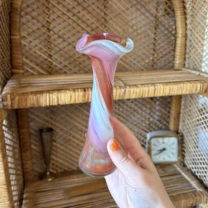 Vintage Pink & White Swirl Glass Swung Vase 7in MCM Glass Decor