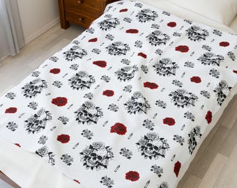 Skull Blanket, Halloween Blanket with skulls, red roses, candles, Cozy Fall Season Throw, Halloween Decor, Home Accessories, Velveteen Plush