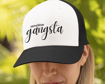 Sensitive Gangsta Trucker Hat, Embroidered Hat, Casual Wear, Street Style, Gifts, Fashion Accessory, Amaya Papaya, black and white hat