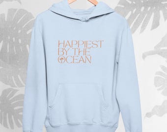 Ocean Vibes Hoodie, Happiest by the Ocean, Beach Lover Gift, Unisex Casual Wear, Summer Style, Coastal Wear, Palm Trees, Beach Gear