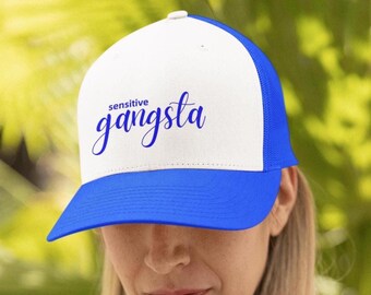 Sensitive Gangsta Trucker Hat, Embroidered Hat, Casual Wear, Street Style, Gifts, Fashion Accessory, Amaya Papaya, royal blue and white hat