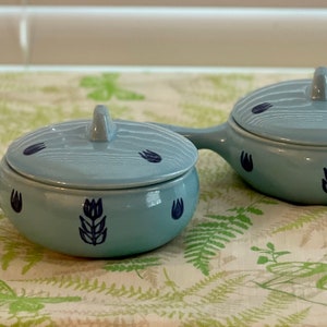 1950’s Mid Century, Cronin Blue Tulip, individual covered lidded casserole dish with lid and handle