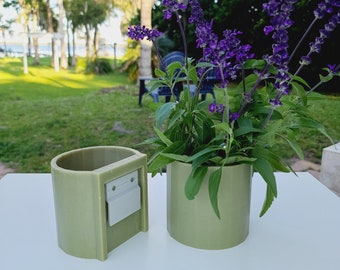 TWO Modern Green Resin and Concrete Wall Planter - 4.5-4.7in High - 4.0in Width - 3.6in Depth - Indoor Planters - Utensil Holder - Container