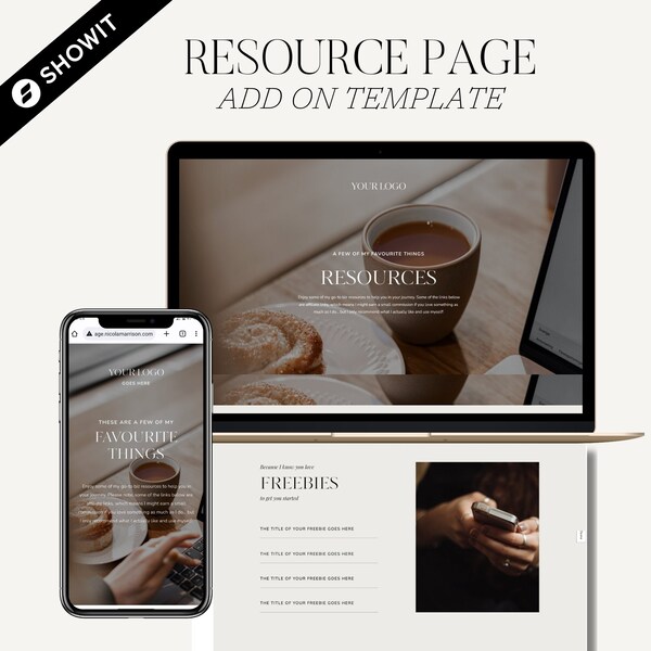 Showit Website Template | Showit Add On Page | Resource Page Template | Favourite Things and Affiliate Links | Minimal and Trendy Design