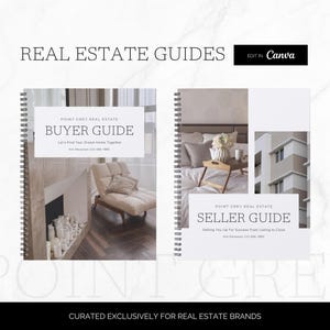Può includere: Due guide immobiliari a spirale con sfondo bianco. La guida a sinistra è intitolata "Guida all'acquirente" e la guida a destra è intitolata "Guida al venditore". Entrambe le guide presentano immagini di interior design e immobiliare.