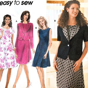 May include: Simplicity sewing pattern featuring illustrations of women's dresses and suits. The pattern includes a floral print dress, a pink suit, a navy blue dress, and a polka dot dress with a black jacket. The text "easy to sew" is visible.