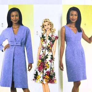 May include: A sewing pattern by Butterick, B5459, featuring three different dress designs. The dresses are shown in a light purple fabric, and a floral print dress is also featured. The pattern includes sizes 16-24.