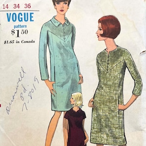 May include: Vintage Vogue pattern featuring three illustrated dresses. The dresses are in shades of green, blue, and burgundy. The pattern size is 14, with bust and hip measurements of 34 and 36 inches, respectively. The Vogue logo and price are visible.