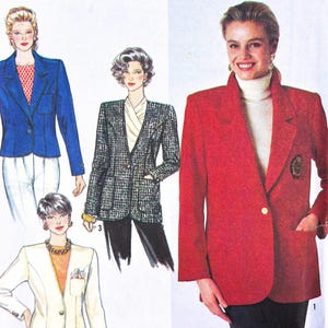 May include: Simplicity pattern 9874 features illustrations of women's blazers. The pattern includes a red blazer with a gold button, a blue blazer, a black and white patterned blazer, and a cream-colored blazer. Size H5 (6-14).