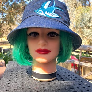Denim bucket hat , blue bird  hat, outdoor hat, retro hat, funky hat, festival hat, fabric hat , fashion hat, cap .