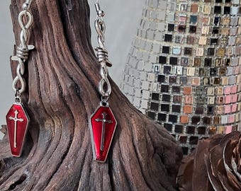 Coffin death earings, sinister, after life, gothic jewelery, scull horror fashion, barbwire, Emo, steam punk, jewellery