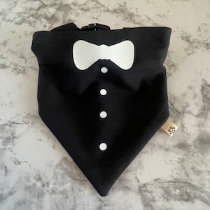 Tuxedo Dog Bandana with Bow Tie – Formal Wedding Pet Accessory – Over Collar or Snap – Ring Bearer Outfit – Dog Tux Bandana