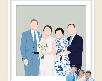 May include: A digital illustration of a wedding party with five people. The bride and groom are in the center, with the groom wearing a light blue suit and the bride wearing a white dress. The other three people are wearing blue and white patterned clothing. The illustration is framed in a white frame.